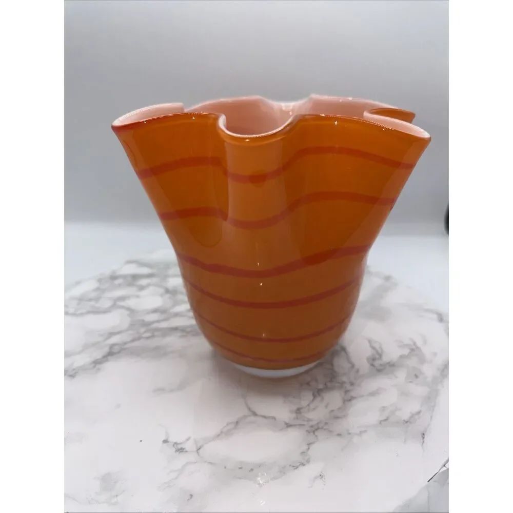 Vintage Handkerchief Vase Art Glass Cased Round 2 Tone Orange Stripes 7”H